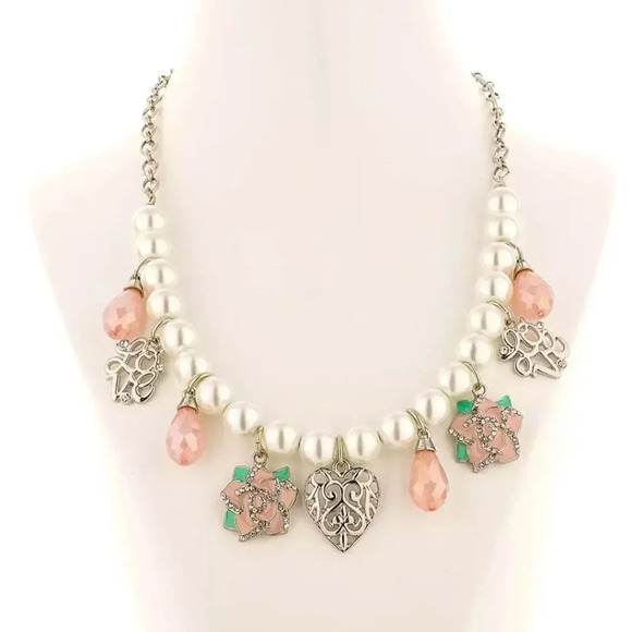 Anthropologie Silver Multi-Stone Flower Pearl Necklace - Picture 1 of 2
